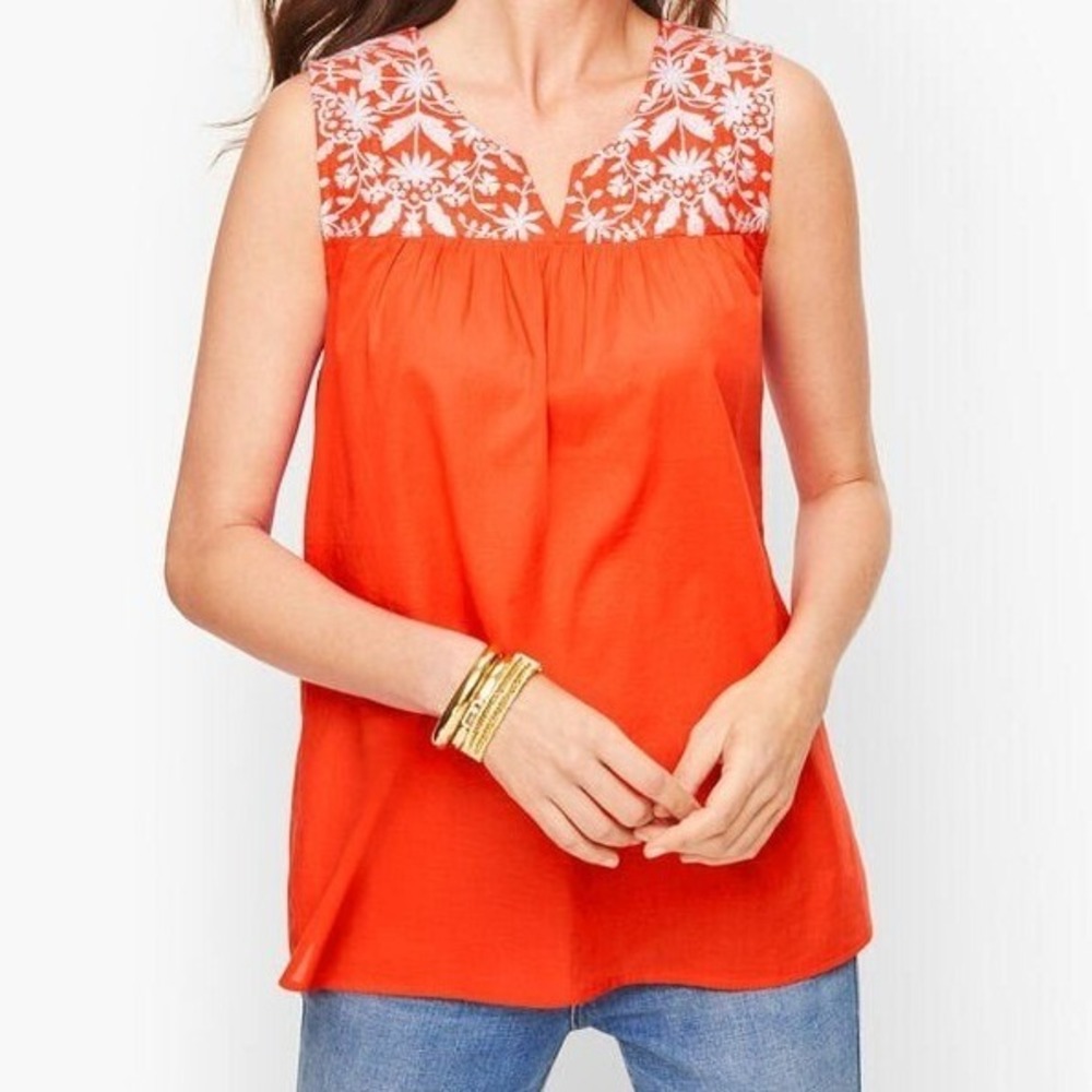 Talbots Red Cotton Embroidered Sleeveless Blouse Top Small Boho Split Neck